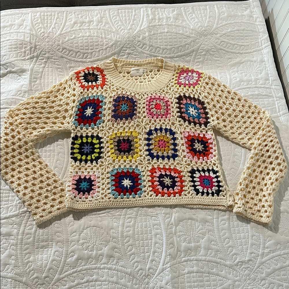 LUNA IVY Crochet Square Patchwork Sweater in Cream and Multicolor